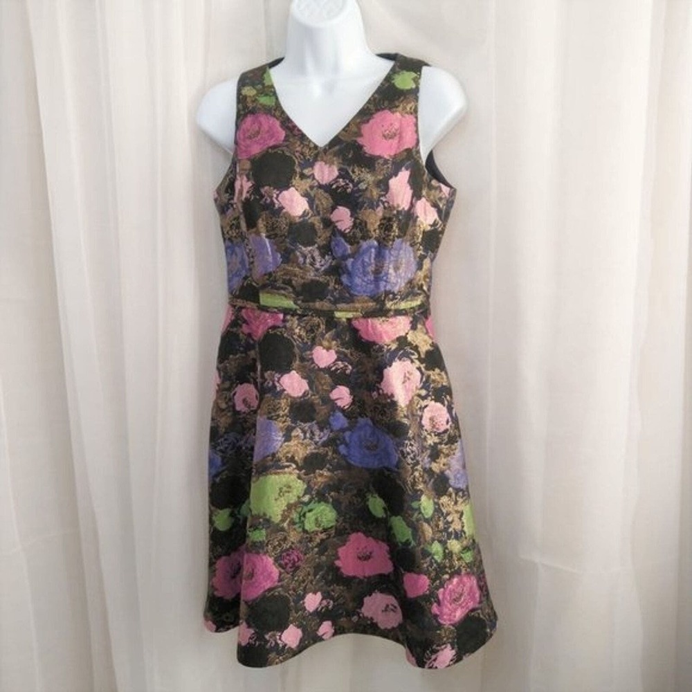 Tahari Black Floral Jacquard Midi Dress with Pink Purple Green Accents